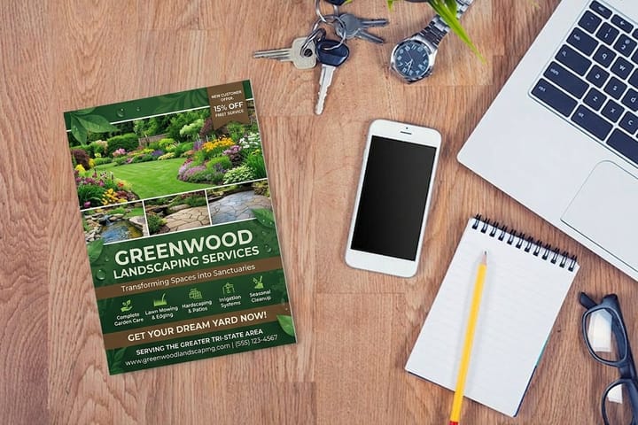 Landscaping flyers printed by 4OVER4 promoting a spring cleanup offer