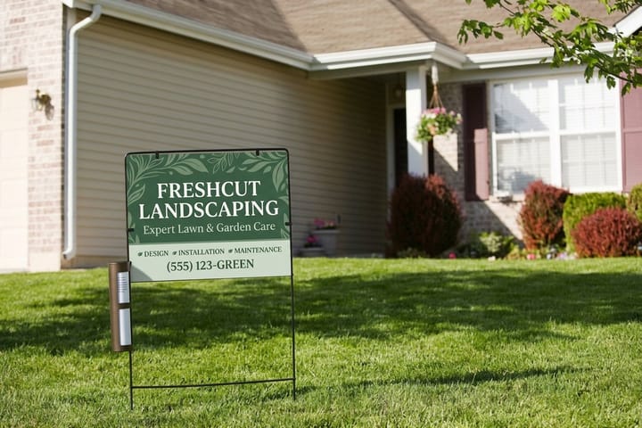 Landscaping yard sign printed by 4OVER4 planted in a freshly finished lawn