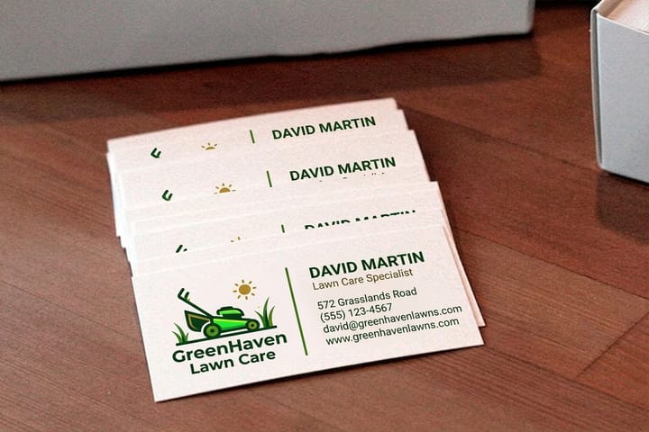 Lawn care business cards printed by 4OVER4, stacked and ready to hand out