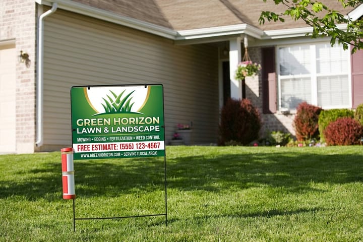Lawn care yard sign printed by 4OVER4 planted in a freshly mowed lawn