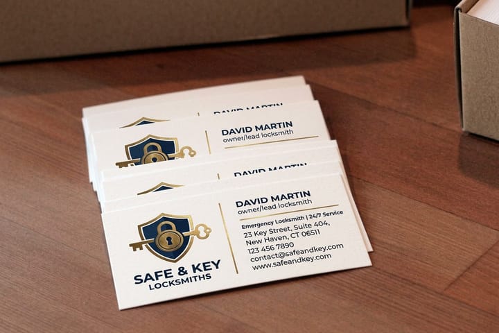 Locksmith business cards printed by 4OVER4 stacked and ready for the truck