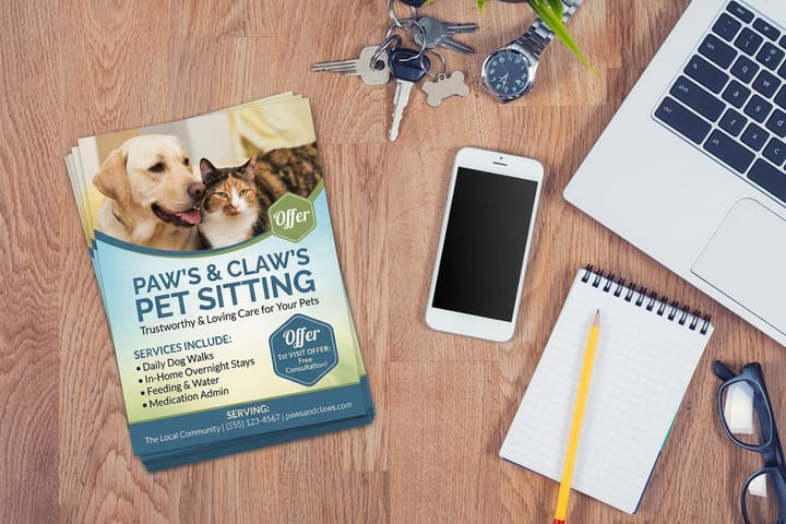 Pet services flyers printed by 4OVER4 promoting a first-groom offer