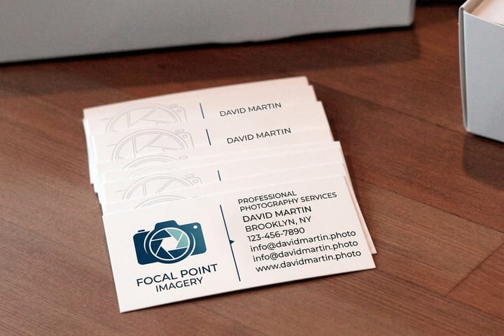 Photography business cards printed by 4OVER4 in a stack ready for a shoot