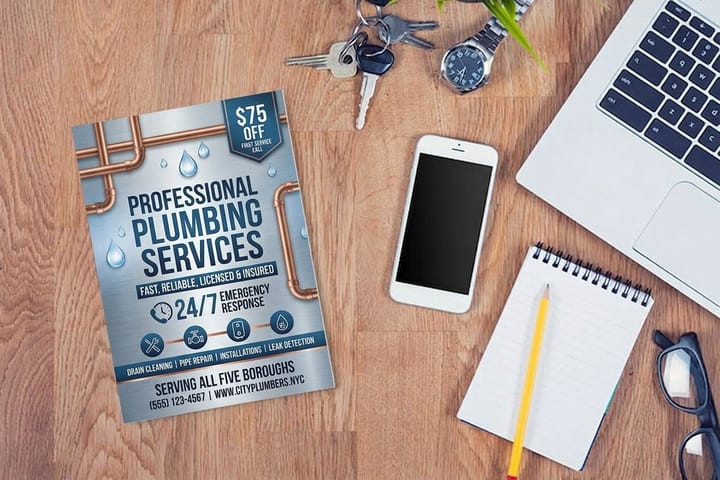 Plumbing flyers printed by 4OVER4 promoting a seasonal service offer