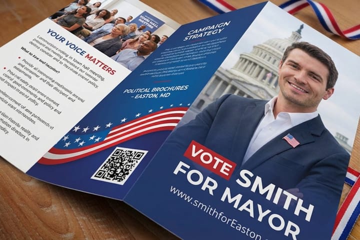 Political brochures printed by 4OVER4 opened to show the candidate platform