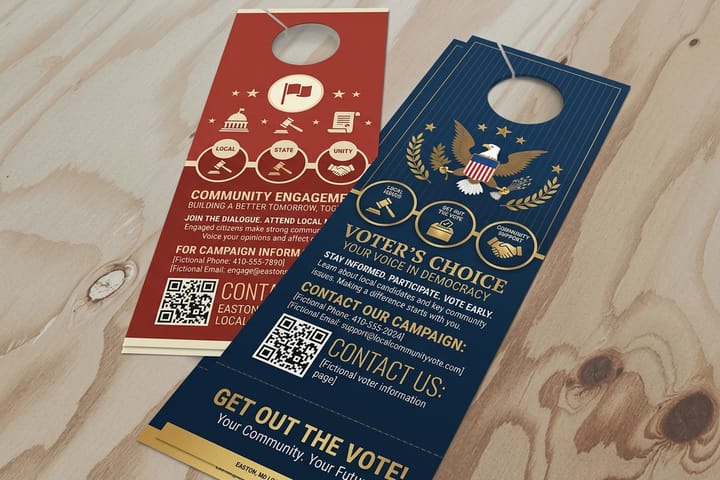 Political door hangers printed by 4OVER4 hung on a front door handle