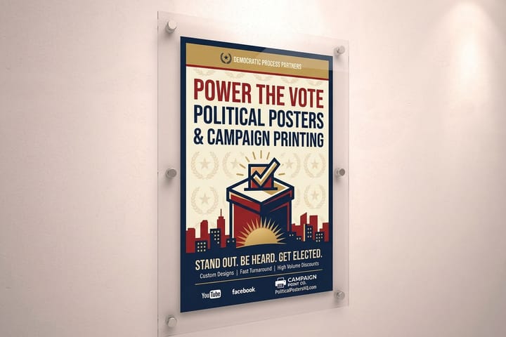 Political poster printed by 4OVER4 displayed at a campaign rally