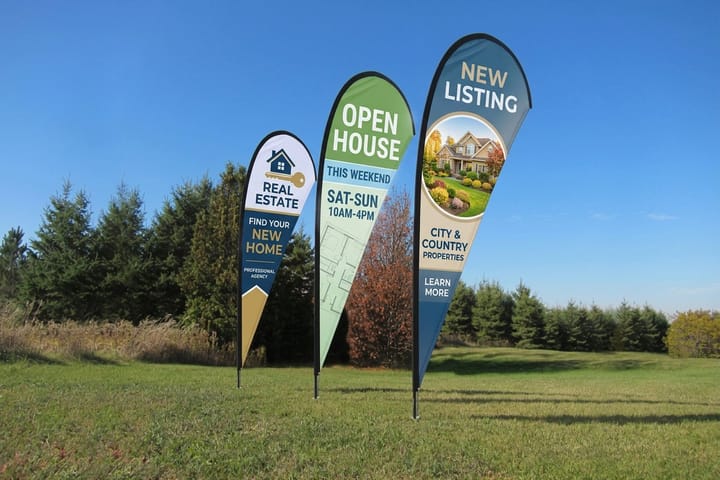 Real estate feather flags printed by 4OVER4 marking an open house entrance