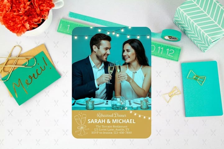 Rehearsal dinner invitations printed by 4OVER4 laid out with envelopes