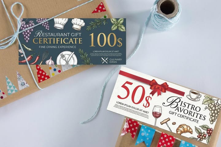 Restaurant gift certificates printed by 4OVER4 for a bakery and cafe