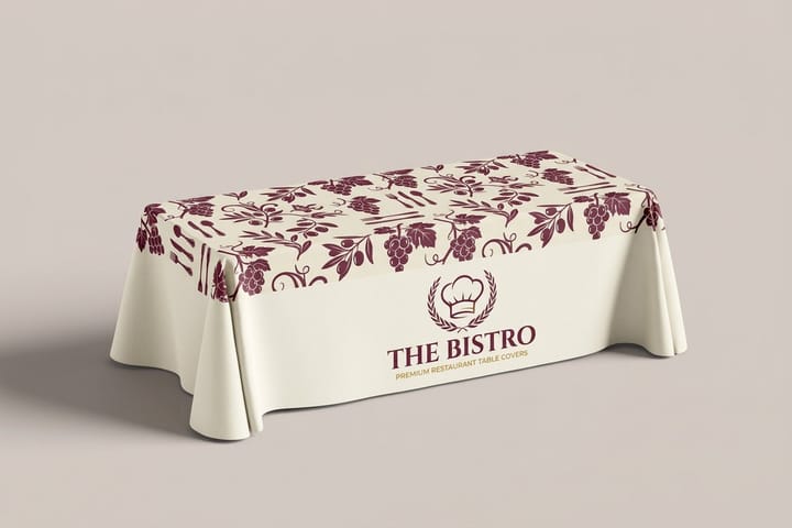 Branded restaurant table cover printed by 4OVER4 at a farmers market booth