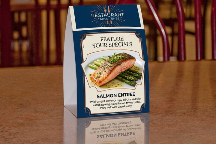 Table tent printed by 4OVER4 promoting a cafe special and pairing