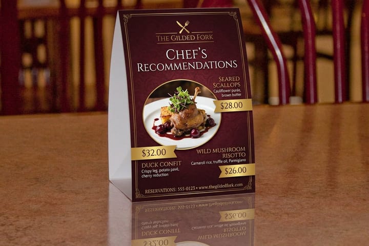 Restaurant Table Tents printed by 4OVER4