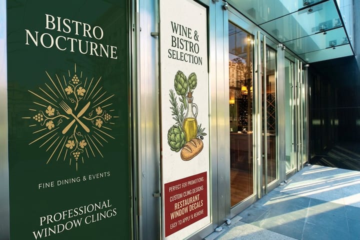 Restaurant window clings printed by 4OVER4 on a cafe storefront window