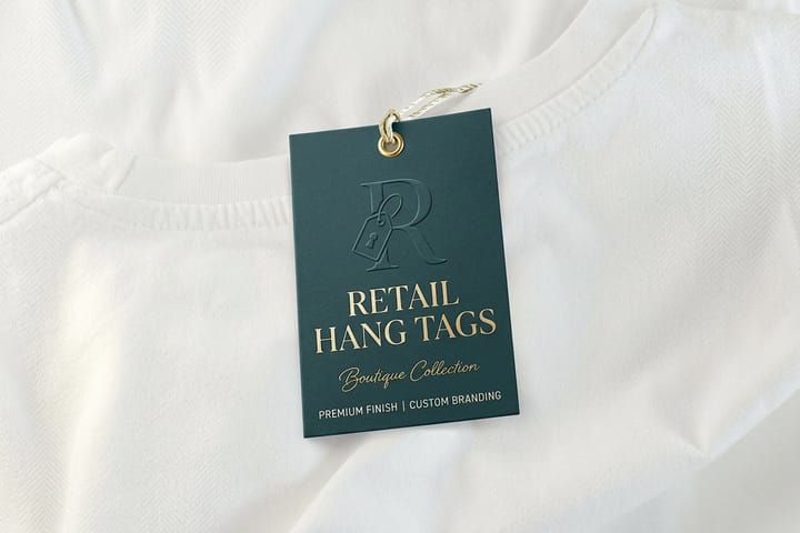 Retail hang tags printed by 4OVER4 attached to boutique merchandise