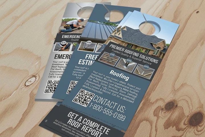 Roofing door hangers printed by 4OVER4 ready for a neighborhood canvass