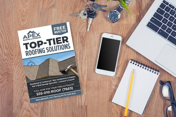 Roofing flyers printed by 4OVER4 promoting a free inspection offer