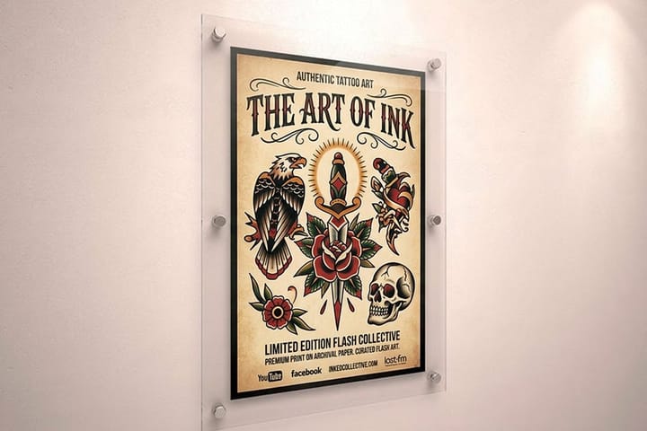 Tattoo posters printed by 4OVER4 displaying healed studio work as wall art