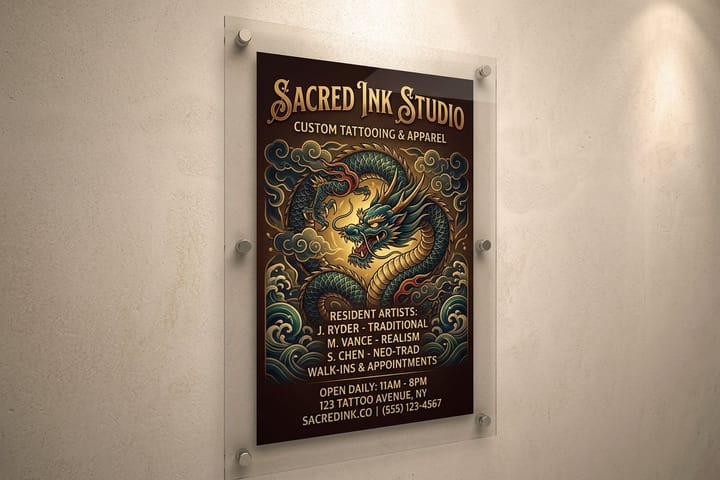 Tattoo shop signs printed by 4OVER4 marking a studio entrance