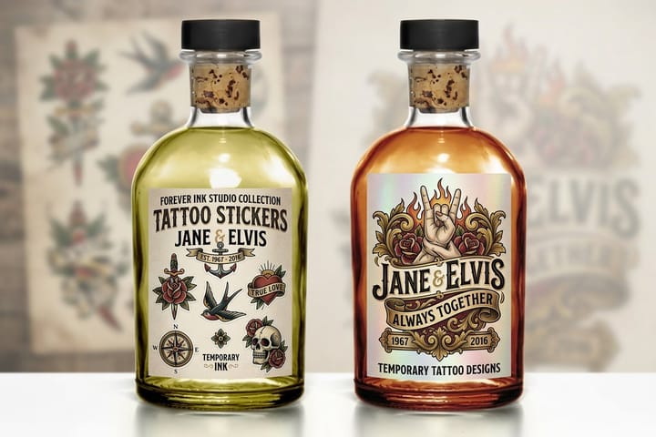 Tattoo stickers printed by 4OVER4 featuring studio flash art