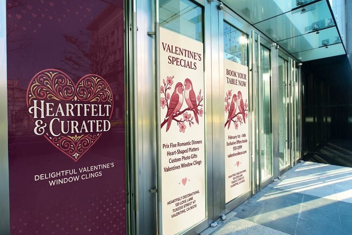 Valentines window clings printed by 4OVER4 applied to a storefront window