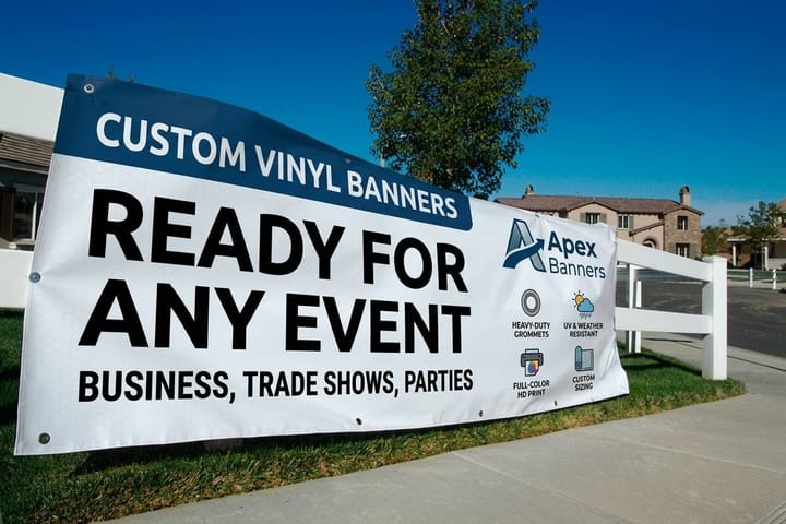 Vinyl banner printed by 4OVER4 announcing an open house event