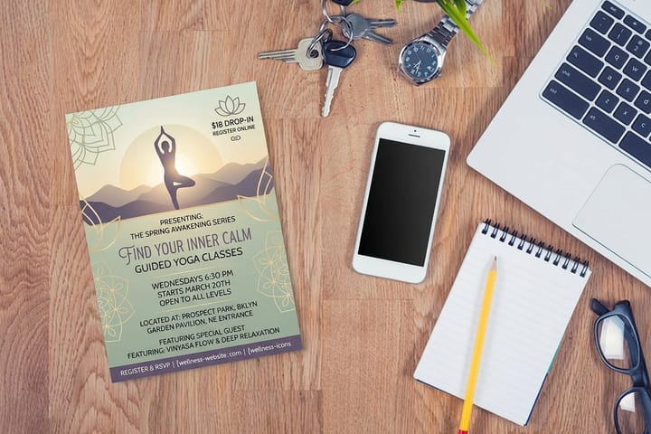 Yoga flyers printed by 4OVER4 promoting a first class offer
