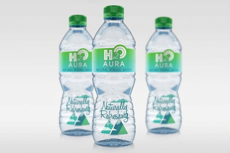 Premium water bottle labels printed by 4OVER4 wrapped around clear bottles