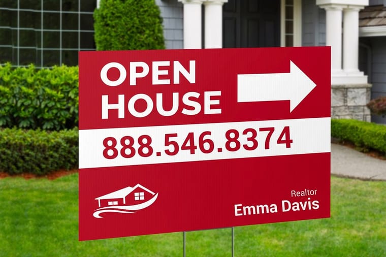 Real estate yard sign printed by 4OVER4 planted at the curb for an open house
