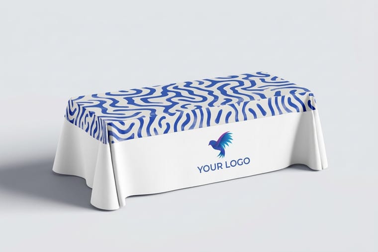 Printed table throw from 4OVER4 with a company logo across the front panel