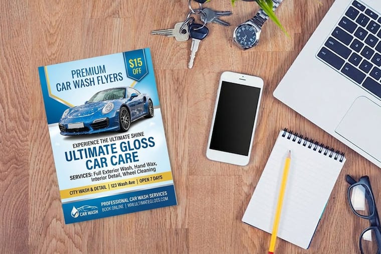 Car wash and detailing promo flyer printed by 4OVER4 for a seasonal campaign