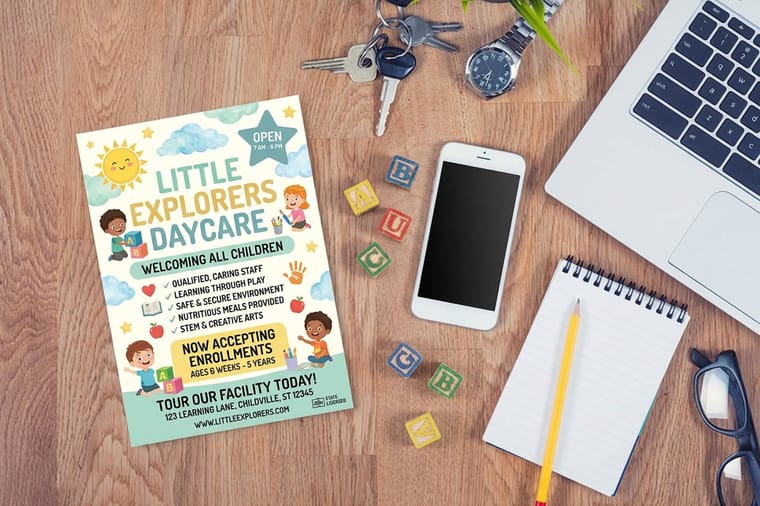 Daycare branding print pieces from 4OVER4 arranged as a matching set
