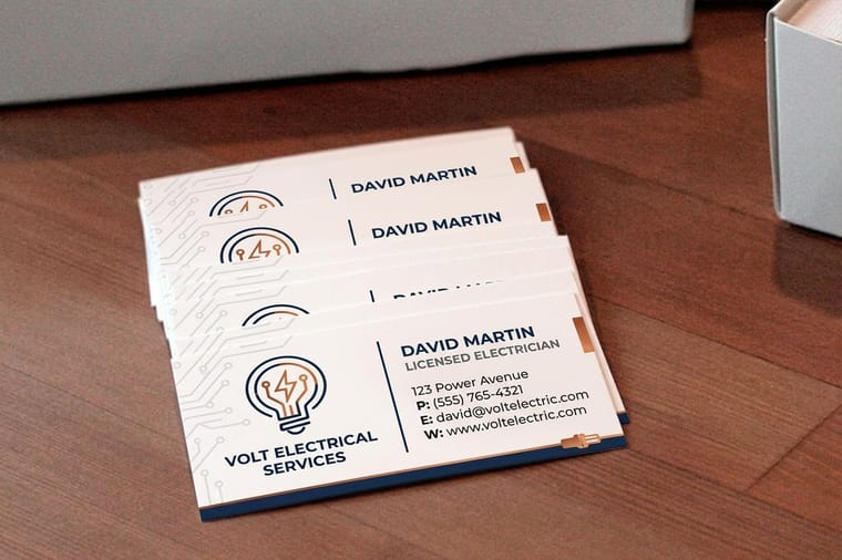 Electrician business cards, the lead piece of the grand-opening kit from 4OVER4
