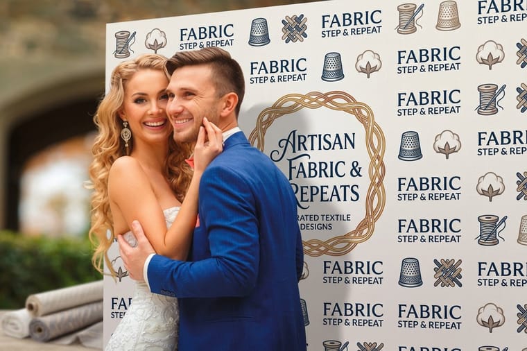 Fabric step-and-repeat backdrop printed at 4OVER4 with a repeating brand mark