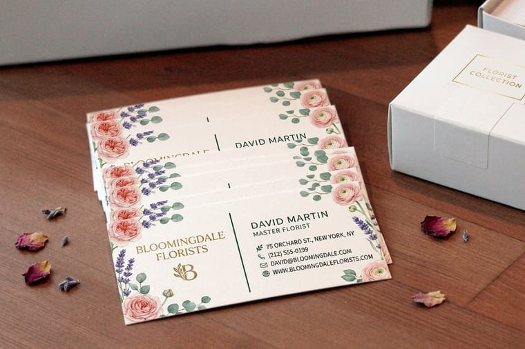 Florist grand-opening print pieces from 4OVER4 arranged as a set