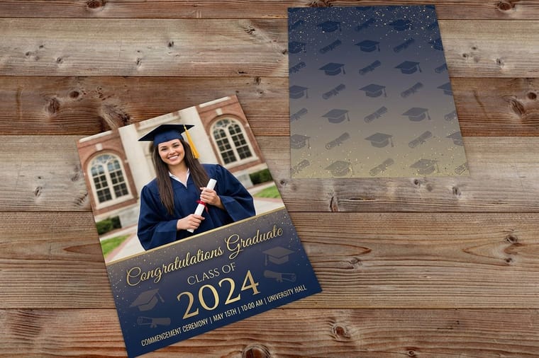 Graduation postcards printed by 4OVER4 with the graduate photo on the front