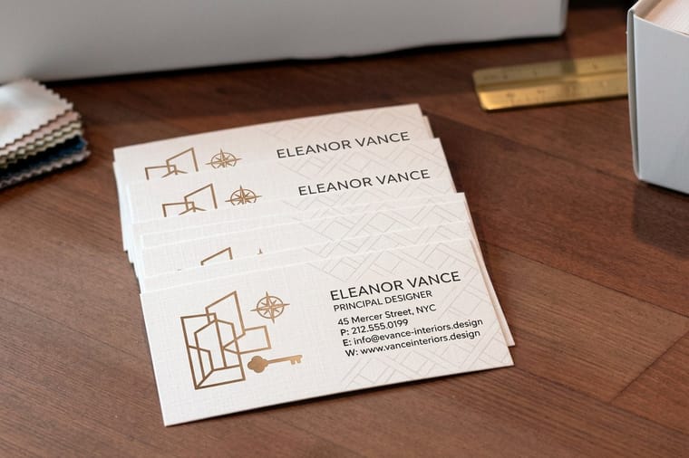 Interior design business cards, the lead piece of the local-marketing bundle from 4OVER4