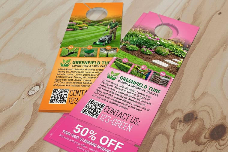 Lawn care print products from 4OVER4 arranged as a client-winning set