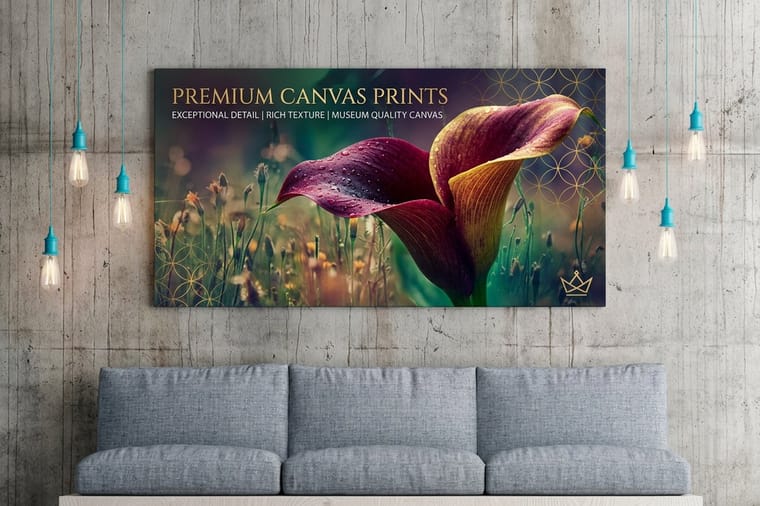 Large premium canvas print from 4OVER4 hung on a lobby wall above a sofa