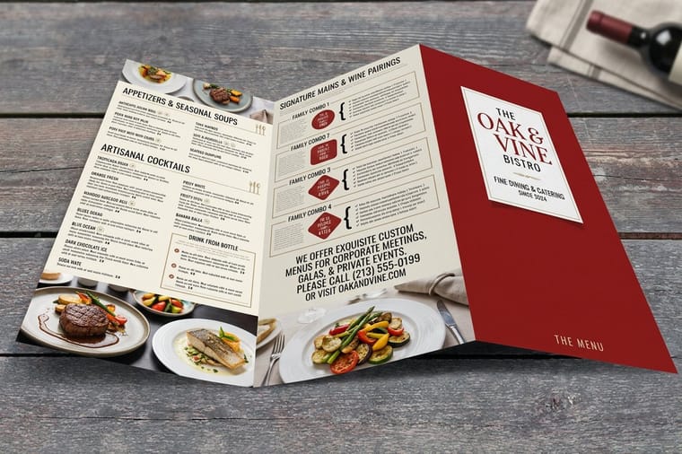 Restaurant menu printed by 4OVER4, the centerpiece of a new restaurant opening print bundle