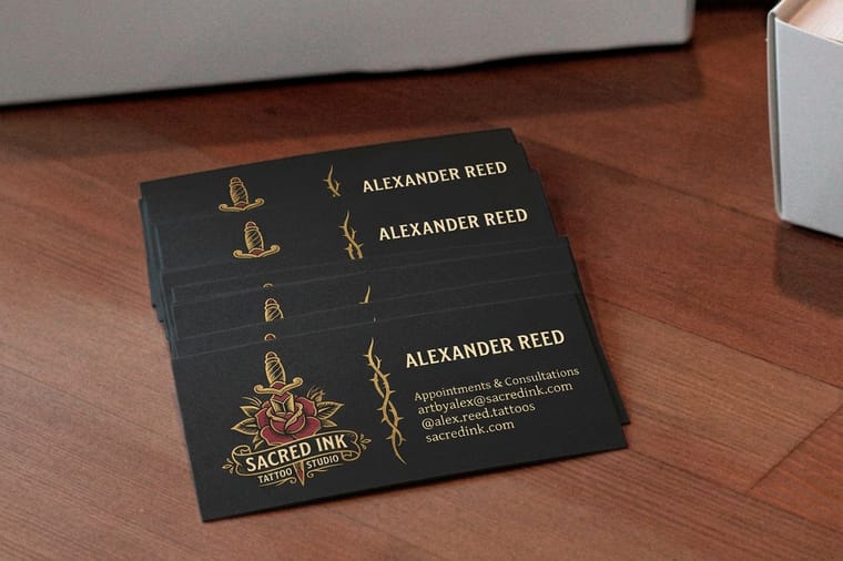 Tattoo business cards, the lead piece of the studio referral bundle from 4OVER4