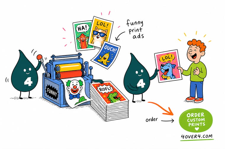 Wally from 4OVER4 turning a funny print ad into postcards, posters, and flyers people share