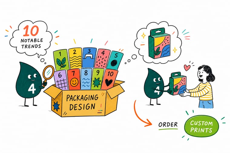 Wally from 4OVER4 turning packaging trend mood boards into real orderable boxes and labels on a shelf