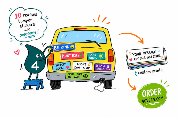 Wally from 4OVER4 sticking a bumper sticker on a car that drives a brand through traffic
