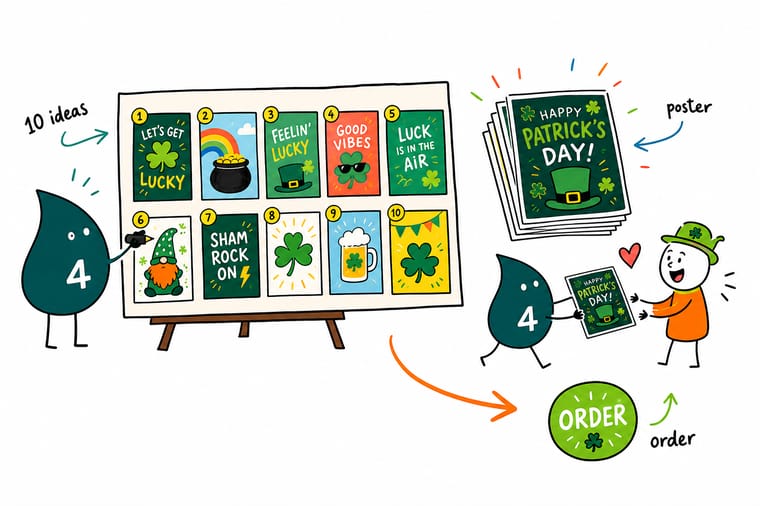 Wally from 4OVER4 designing a bold green St. Patricks Day flyer with a shamrock die-cut shape