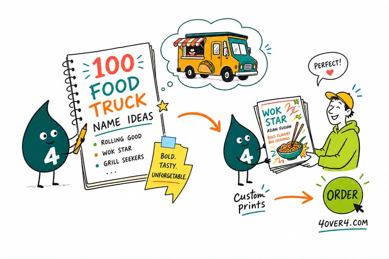 Wally from 4OVER4 painting a food truck name onto a truck, a banner, a sign, and a business card
