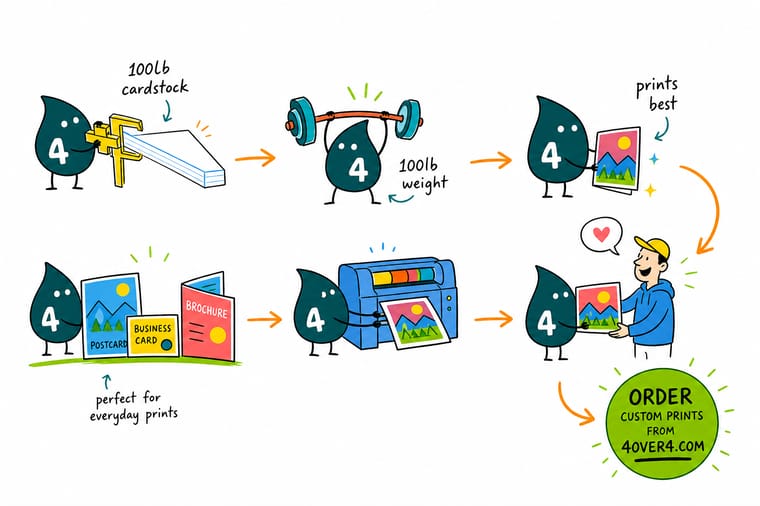 Wally, the 4OVER4 mascot with a 4, weighing a stack of cover sheets against a stack of text sheets and measuring a card with a caliper