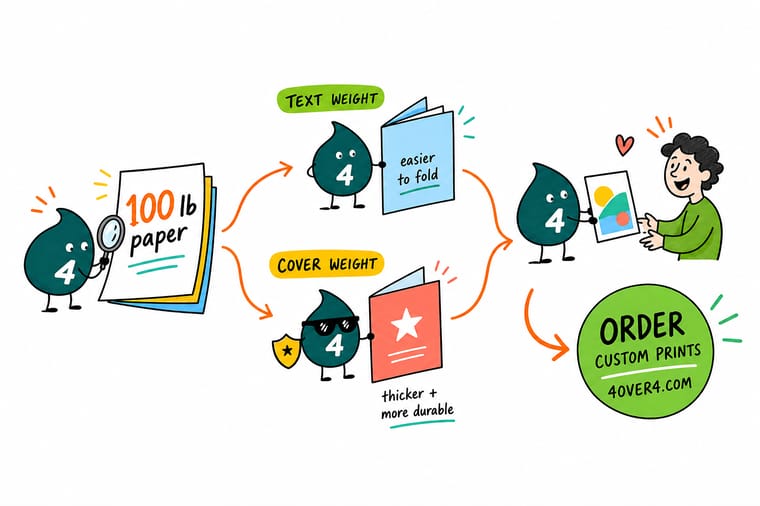 Wally, the 4OVER4 mascot with a 4, weighing a tall ream of text paper against a smaller ream of cover paper, both scales reading 100 pounds
