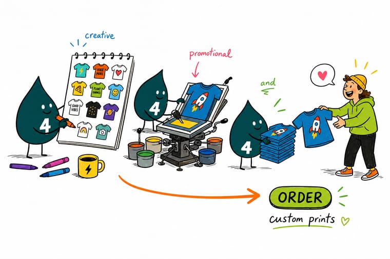 Wally from 4OVER4 planning a branded t-shirt drop with matching promotional stickers, labels and packaging print