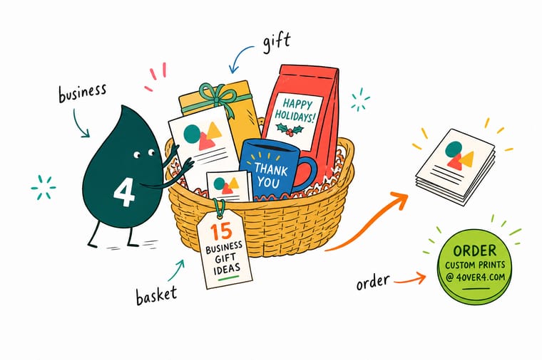 Wally from 4OVER4 packing a holiday client gift basket and adding a printed enclosure card on top